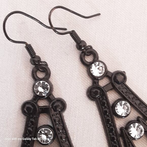 Jumbo Black Dangle Drop Earrings Bright Clear Rhinestones Pierced - Picture 9 of 10